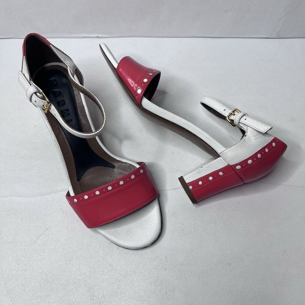 Marni Red White Leather Ankle Strap Open Toe Block Heels Womens Size 36/5.5